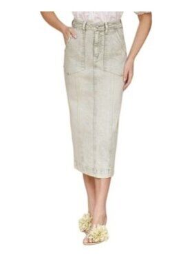 NWT Avec Les Filles Paneled Flare Denim Midi Skirt Spring Sage 10 MSRP $119
